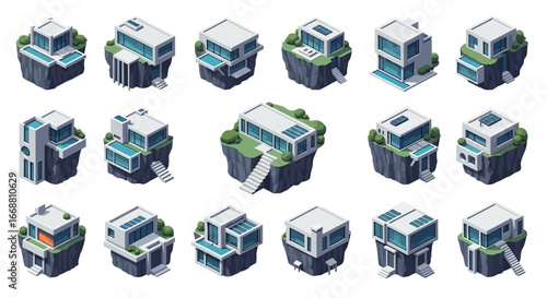 Collection of 3D Isometric futuristic modern buildings on floating islands.