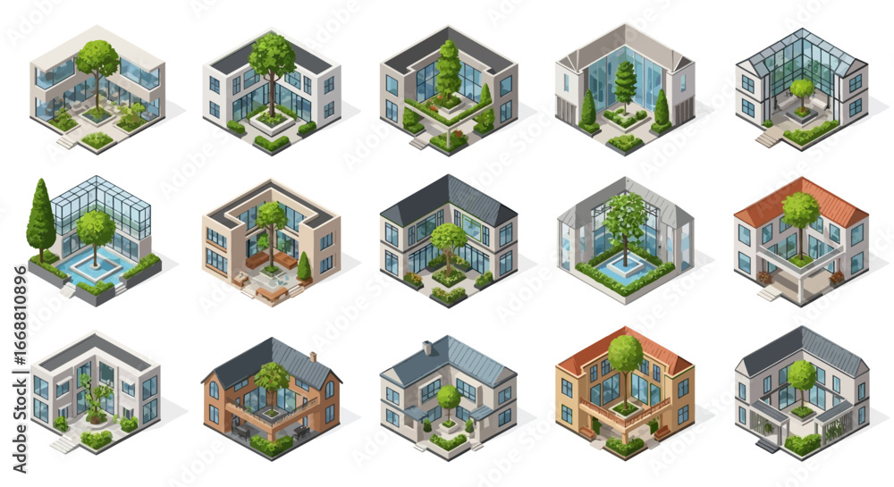 Fototapeta premium 3D Isometric Architecture Set with Interior Gardens and Trees.