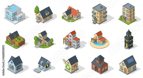 3D Isometric buildings set collection of various houses and architecture.