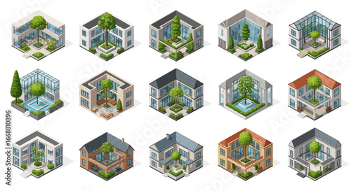 3D Isometric Architecture Set with Interior Gardens and Trees.