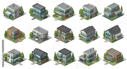 3D Isometric 3D Vector Illustration of Modern Private Houses Set.
