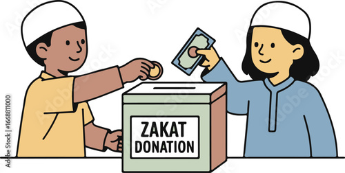 Two smiling Muslim boys wearing taqiyahs cheerfully putting money and coins into a Zakat donation box illustration.