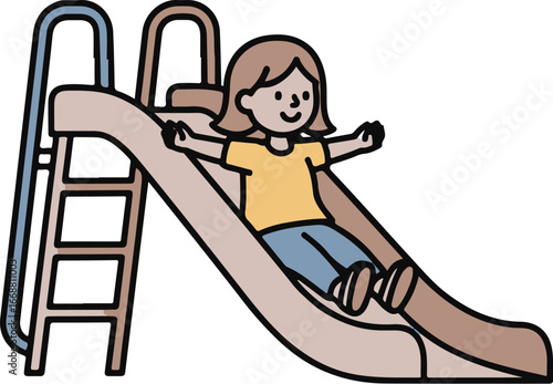 Happy cartoon girl with brown hair in a yellow shirt sliding down a playground slide.