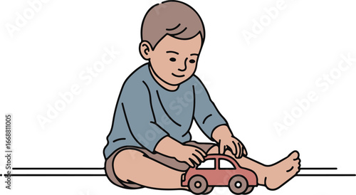 Hand-drawn illustration of a toddler in a blue shirt sitting on the floor, playing with a red toy car.
