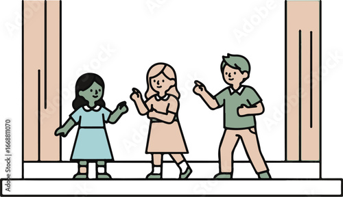 Minimalist illustration of three diverse children acting and singing on a theater stage.