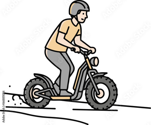 Hand-drawn illustration of a person wearing a helmet riding a rugged fat-tire electric scooter.
