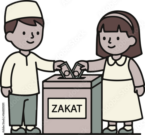 Smiling Muslim boy and girl cartoon characters donating money into a Zakat charity box.
