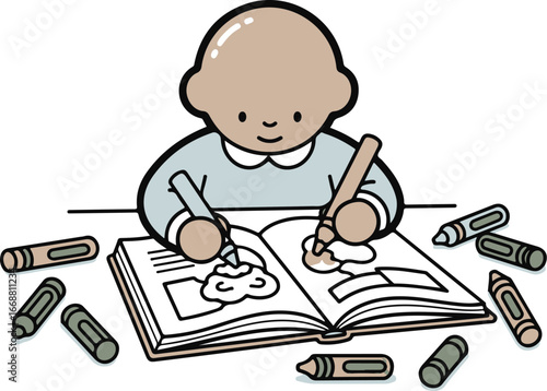 Charming cartoon baby with a light blue shirt happily coloring in a book with multiple crayons.