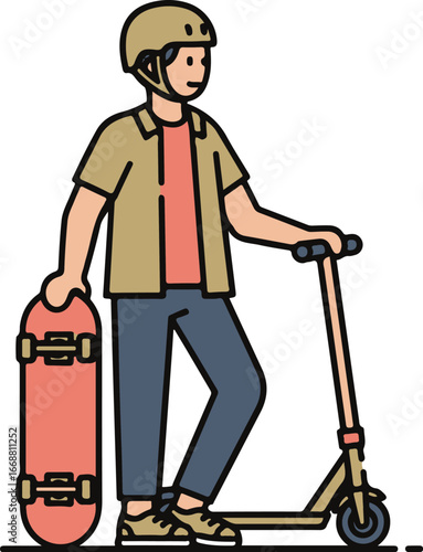 Young man in a helmet holding a skateboard and standing with a kick scooter, flat vector illustration.