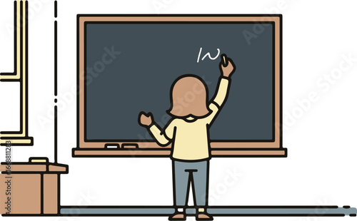 Cartoon illustration of a young student seen from behind, writing with white chalk on a large classroom blackboard.