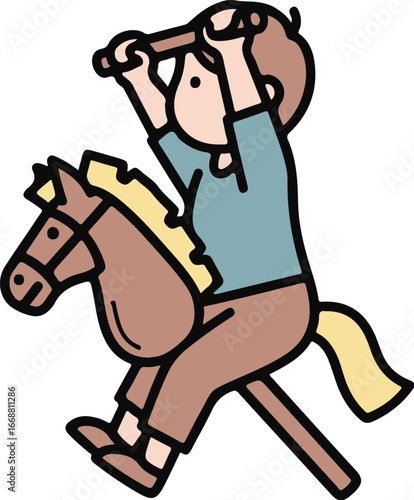 A playful cartoon child in a blue shirt riding a brown hobby horse, raising a stick overhead.