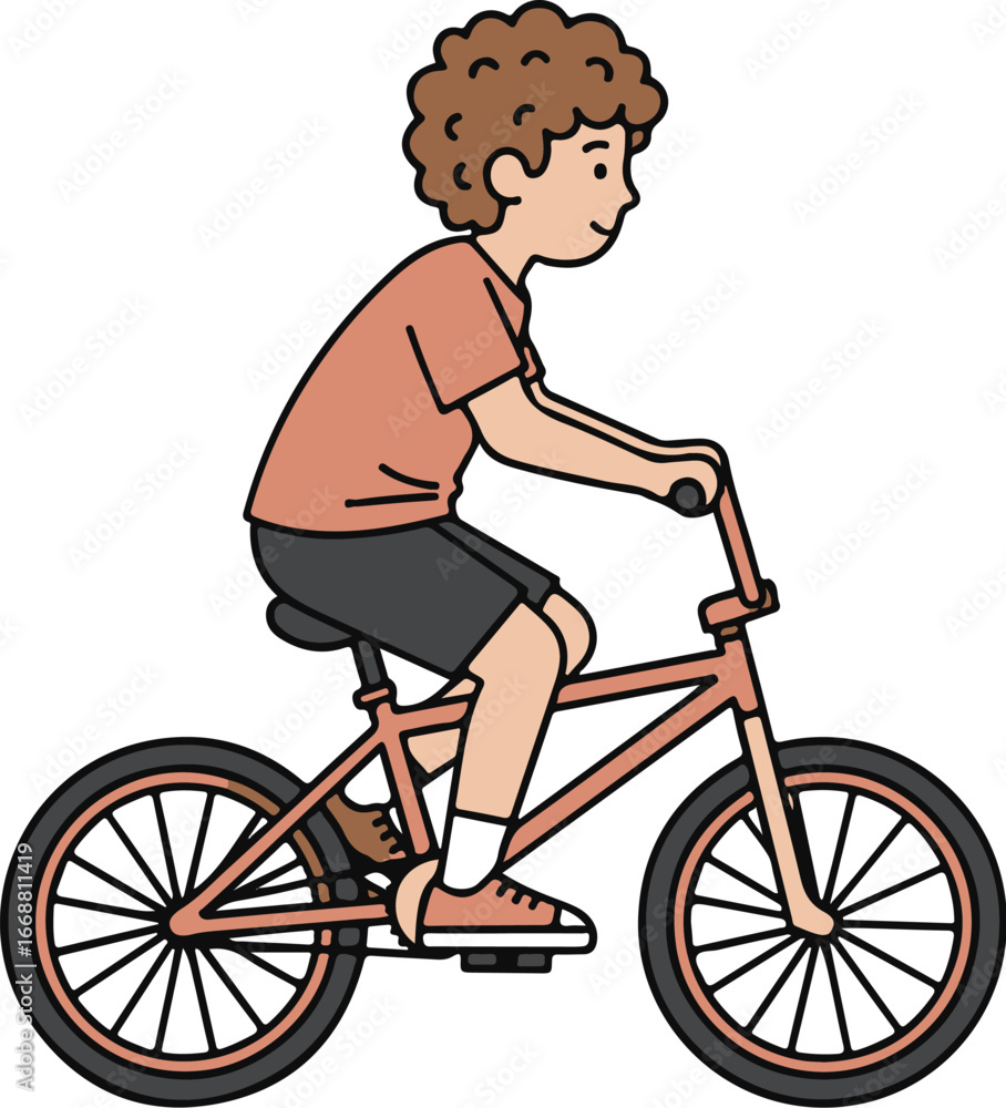 Fototapeta premium Cartoon illustration of a boy with curly brown hair riding a salmon-colored bicycle.