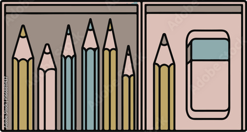 Flat graphic illustration of various muted color pencils and an eraser neatly arranged.