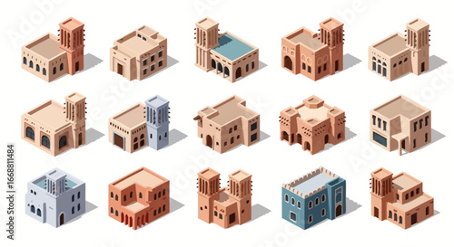 3D Isometric set of traditional Middle Eastern Arabic buildings and houses.