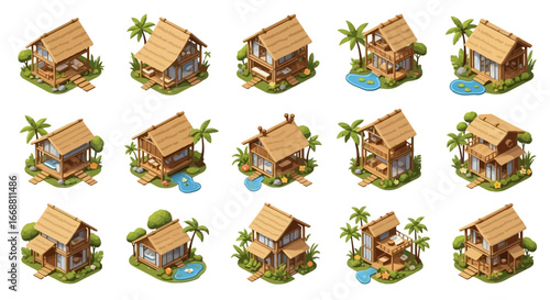 3D Isometric set of tropical huts jungle bungalows and beach houses.