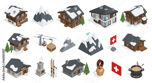 3D Isometric Swiss Alps Winter Ski Resort Icon Set.