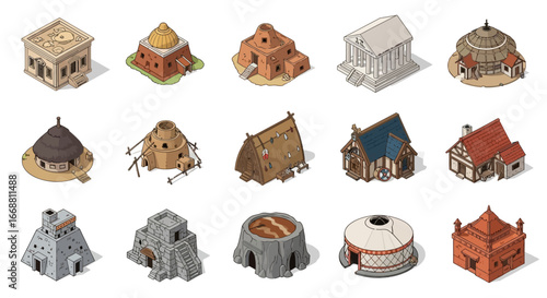 3D Isometric set of historical buildings ancient architecture from different eras.
