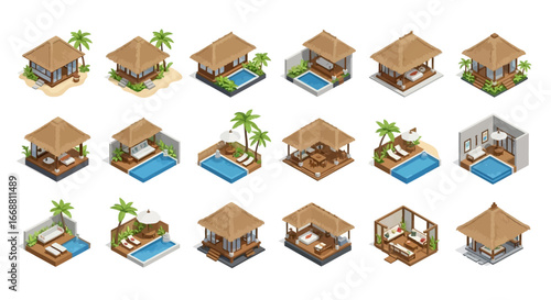 3D Isometric Tropical Beach House Bungalow and Villa Set with Swimming Pools.
