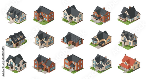 3D Isometric set of various private residential houses and cottages.
