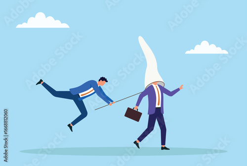 Vector illustration of a businessman trapping another businessman with a large net, symbolizing competition, control, business strategy, or manipulation in the corporate world
