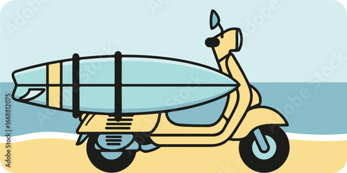A stylized yellow retro scooter with a light blue surfboard strapped to its side rack.