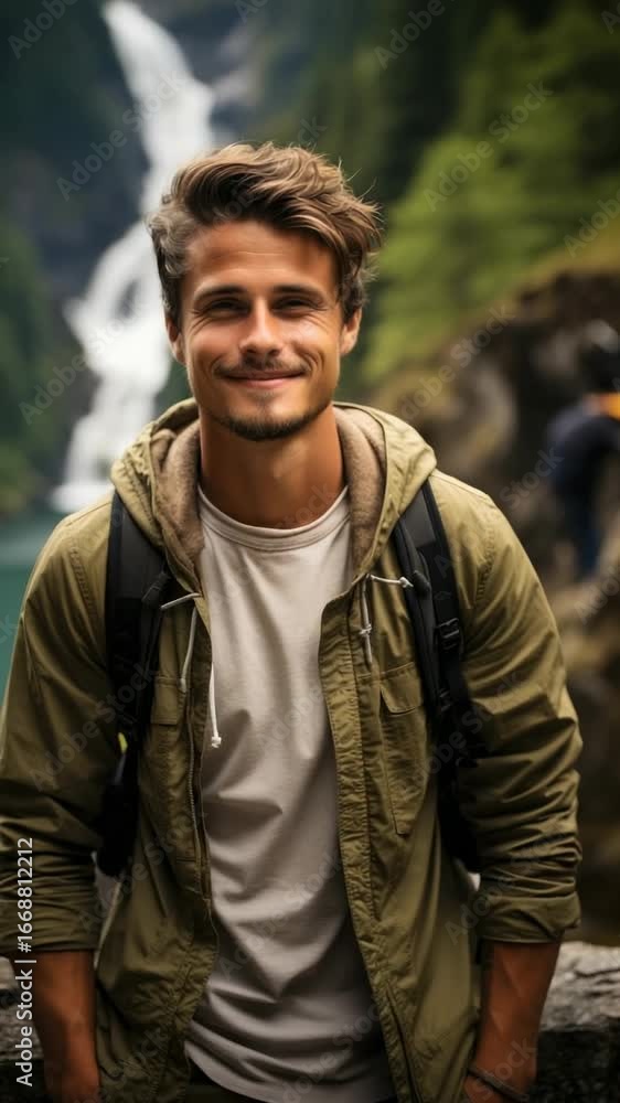 Young man enjoying nature at a stunning waterfall near a lake during a sunny day in the mountains Young man enjoying nature at a stunning waterfall near a lake during a sunny day in the mountains