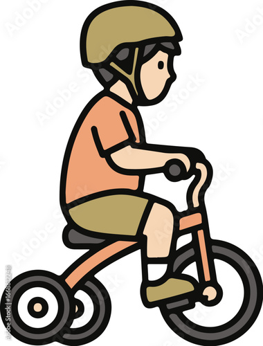 Simple cartoon illustration of a young child wearing a helmet while riding a tricycle.