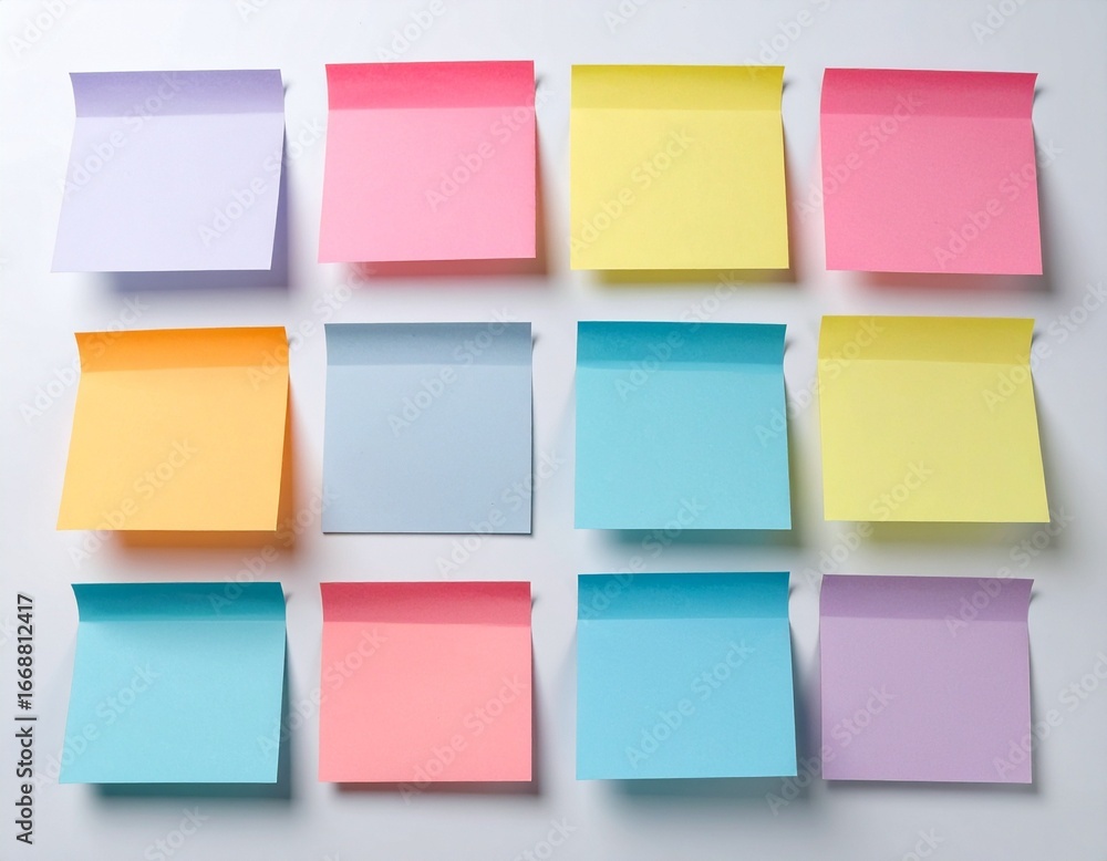 Fototapeta premium A Grid of Multicolored Blank Sticky Notes on a White Wall