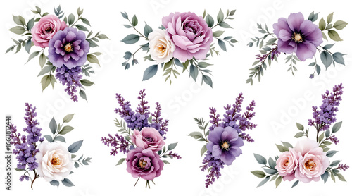 Elegant watercolor floral arrangements in shades of purple pink and lavender isolated on transparent background