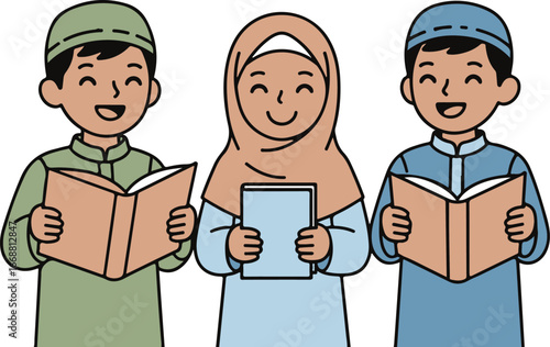 Three happy Muslim children, a girl in a hijab and two boys in taqiyahs, reading books.