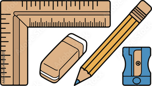 A set of illustrated school supplies - a wooden try square ruler, a yellow pencil, an eraser, and a blue sharpener.