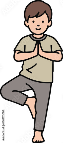 Illustrated young man with brown hair in a green shirt doing a balancing yoga tree pose with hands in prayer.