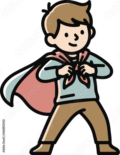 A charming cartoon boy with brown hair in a heroic pose, wearing a flowing red cape.