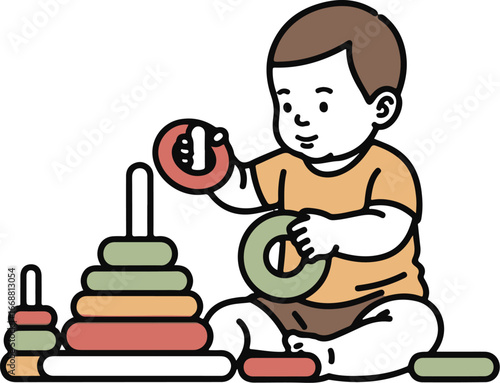 Cute illustrated baby sitting and playing with a colorful stacking ring pyramid toy.