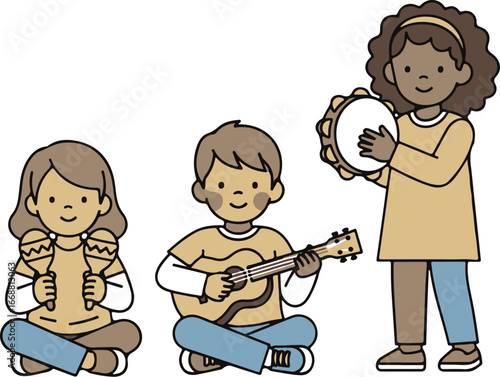 Smiling diverse children playing guitar, tambourine, and maracas in a band.