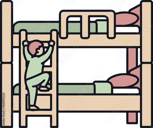 A cartoon child in green pajamas climbing the ladder of a wooden bunk bed.