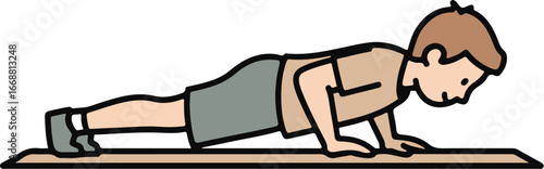 Simple cartoon illustration of a young man with brown hair doing a push-up exercise on a mat.