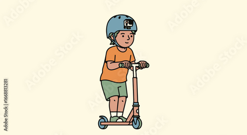 A cheerful cartoon boy in a blue helmet and safety gear riding a modern kick scooter.
