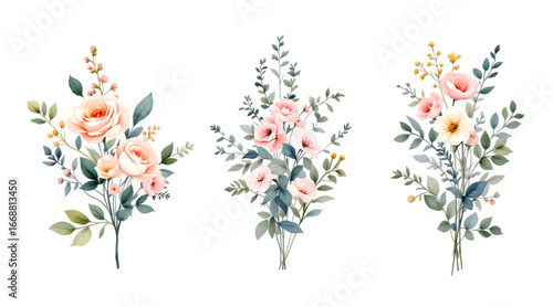 Elegant watercolor floral bouquets collection of peach roses and greenery isolated on transparent background
