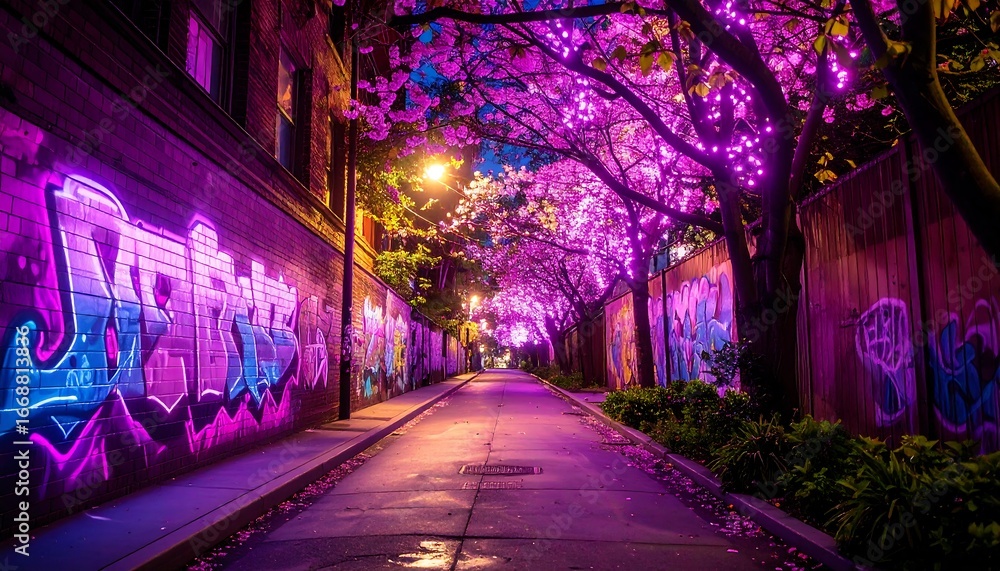 Fototapeta premium Street Graffiti and Illuminated Trees Night Scene