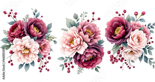 Elegant peony and berry watercolor bouquets on transparent background.

