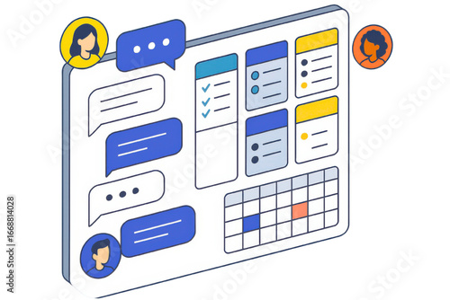 Team collaboration on a digital workspace with chat, calendar, and task management features