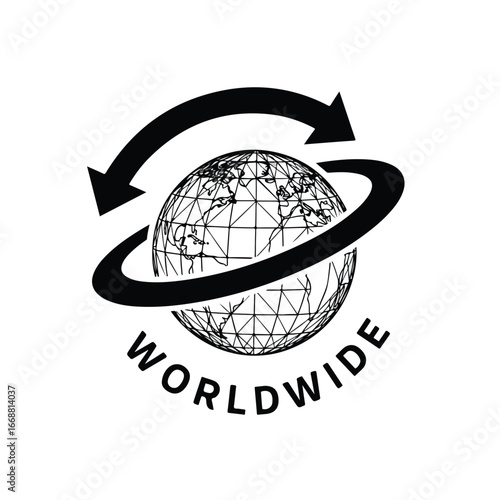 Illustration of a wireframe globe with arrows circling it, labeled worldwide