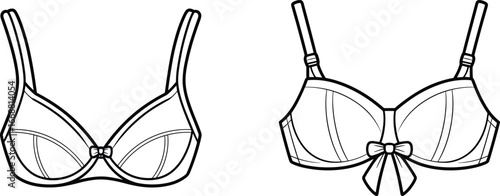 Vector illustration of two elegant women’s bras with bow accents, adjustable straps, detailed stitching, front and back views for lingerie design.