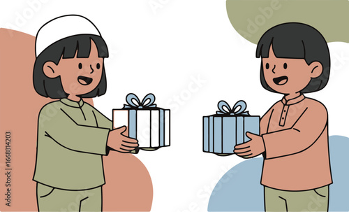 Two smiling cartoon children exchanging wrapped gift boxes, one wearing a Muslim kufi.