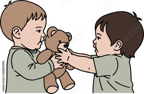 Two young children in a simple line art style fighting over a brown teddy bear toy.