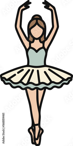 Stylized illustration of a graceful ballerina in a tutu, standing en pointe with her arms raised in a classic pose.