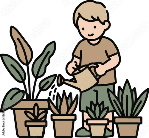 A cheerful young boy with a watering can carefully tending to his collection of indoor plants.