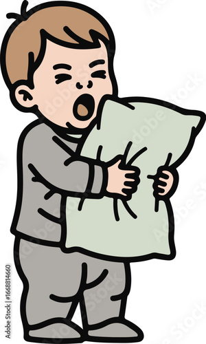 Sleepy cartoon toddler in grey pajamas yawning widely while holding a soft green pillow.
