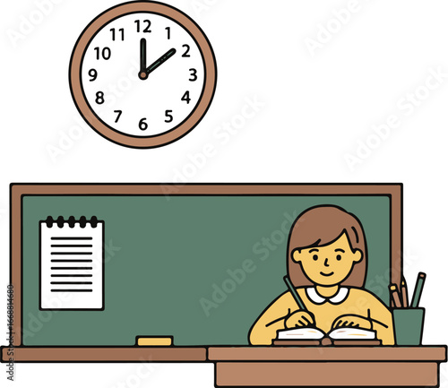 Illustrated young female student in a yellow sweater smiling while writing at her school desk.